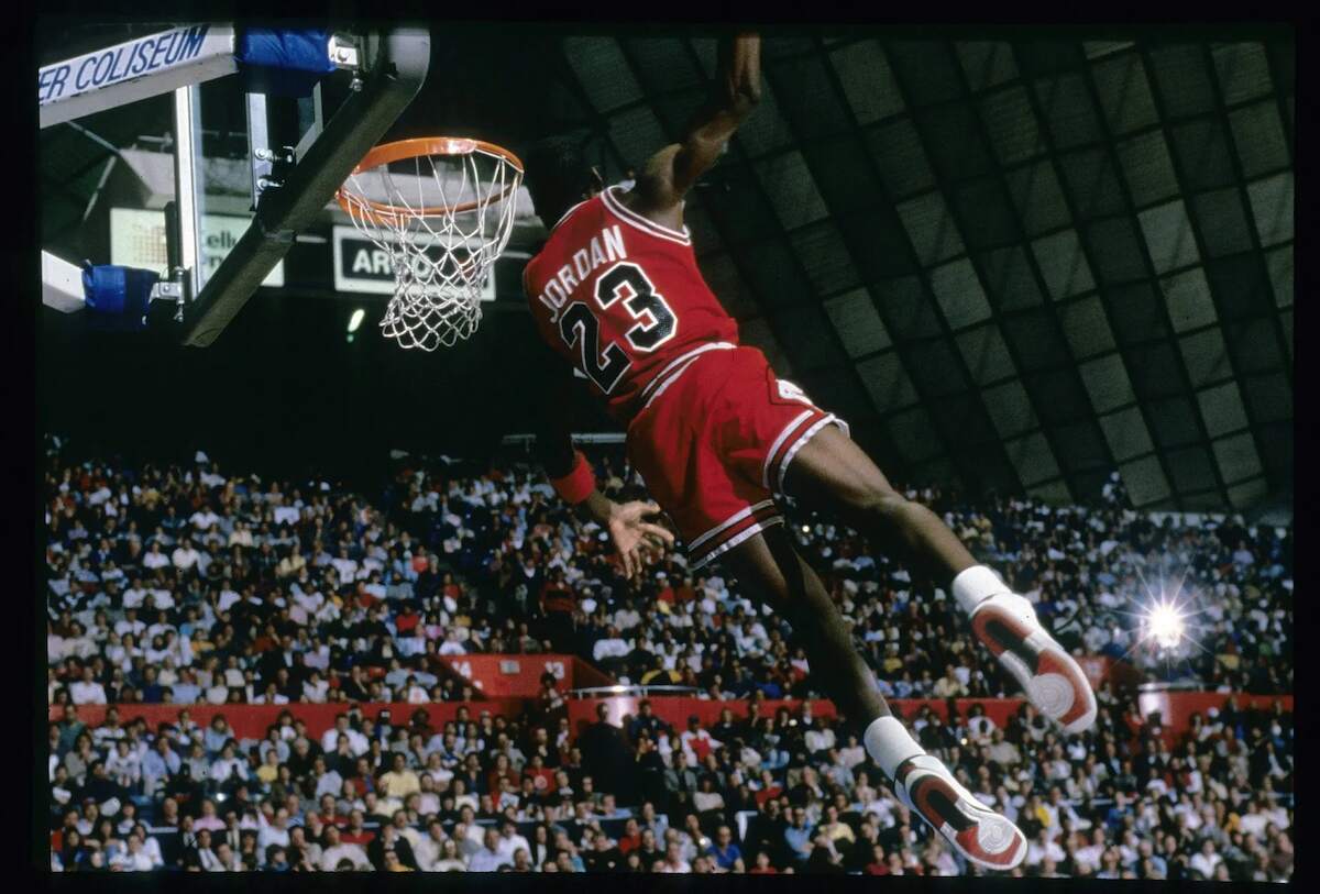 Michael Jordan of the Chicago Bulls throws down a slam dunk