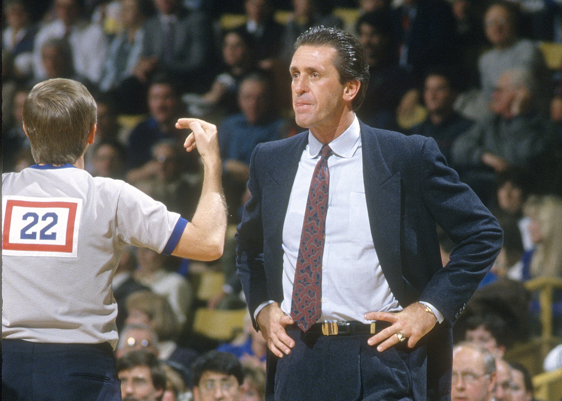 Head coach Pat Riley of the Los Angeles Lakers looks on against the Boston Celtics.