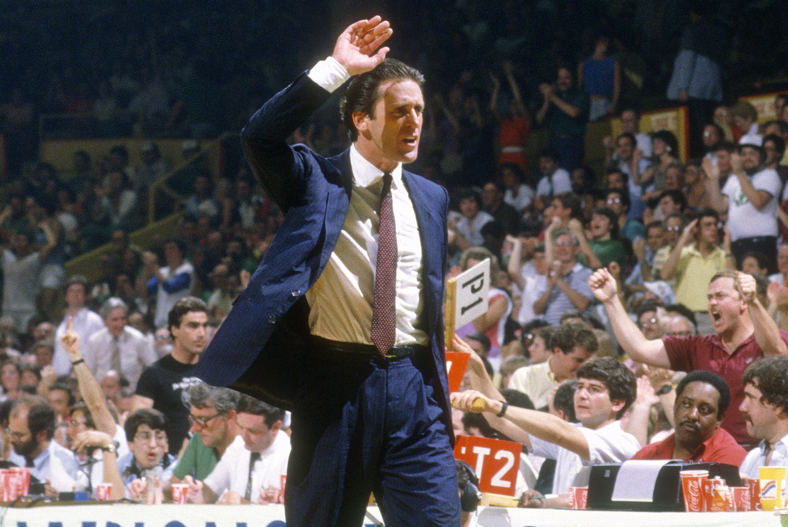 Pat Riley of the Los Angeles Lakers looks on against the Boston Celtics.