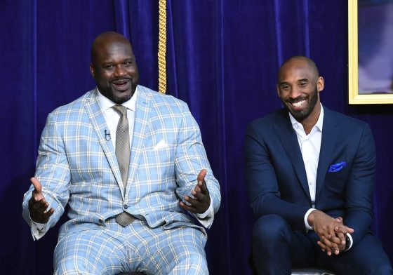 At the 2009 NBA All-Star Game, Shaquille O'Neal and Kobe Bryant smile after sharing MVP honors