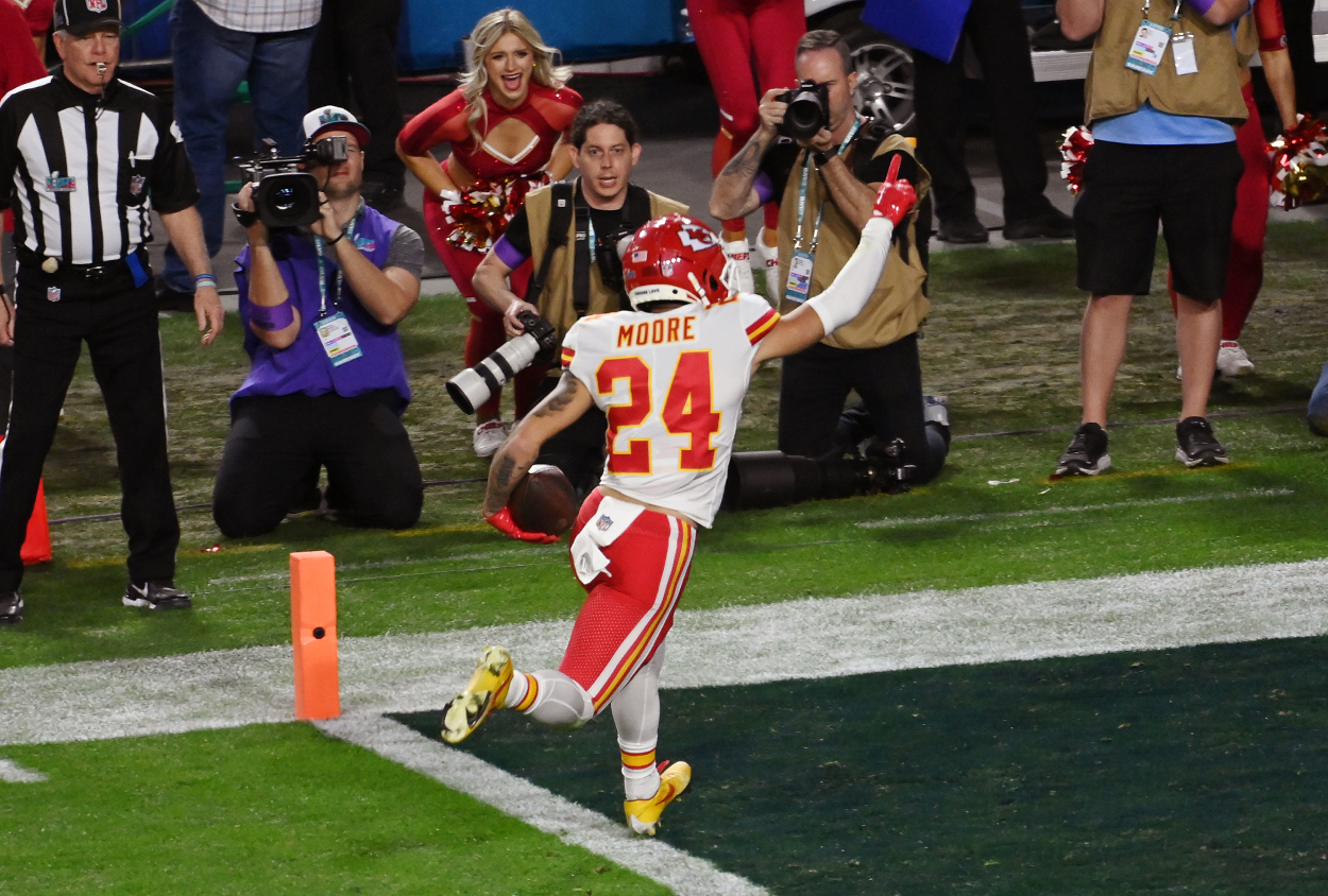 Skyy Moore of the Kansas City Chiefs scores a touchdown against the Philadelphia Eagles during the second half in Super Bowl 57.
