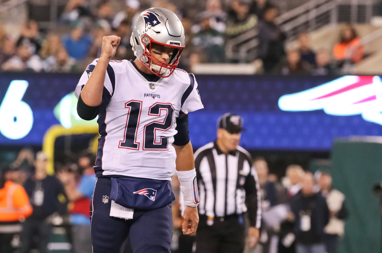 New England Patriots quarterback Tom Brady pumps his fist.