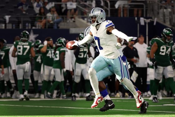 Trevon Diggs of the Dallas Cowboys celebrates an interception against the New York Jets.