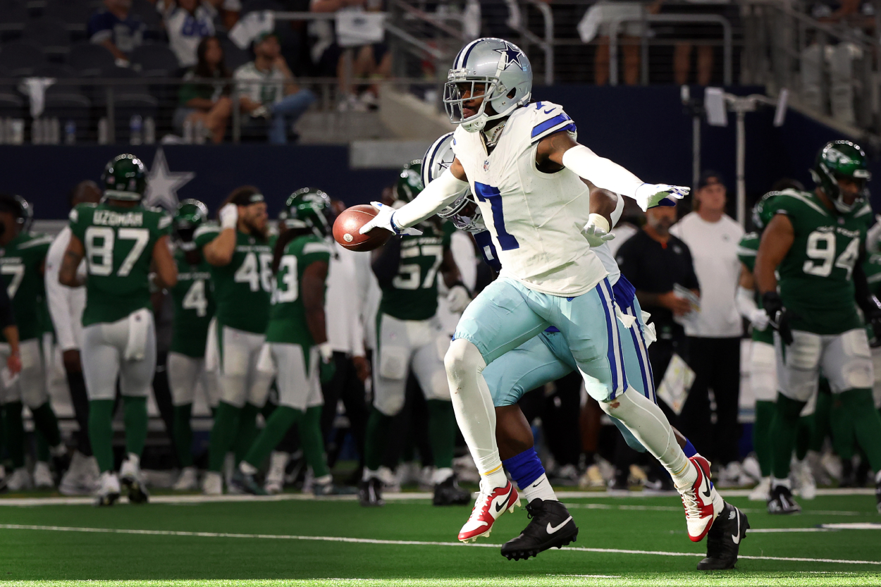 Trevon Diggs of the Dallas Cowboys celebrates an interception against the New York Jets.
