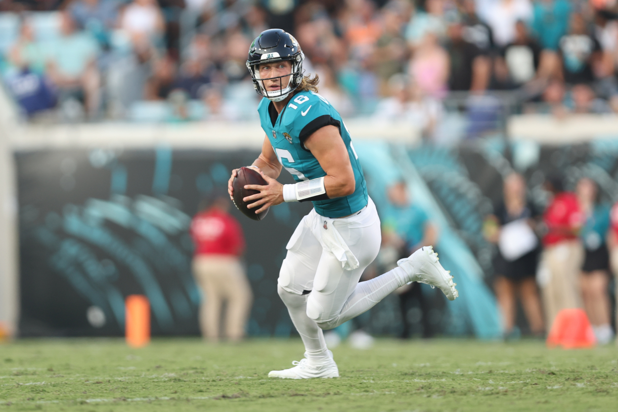 Trevor Lawrence of the Jacksonville Jaguars looks to throw a pass against the Miami Dolphins.