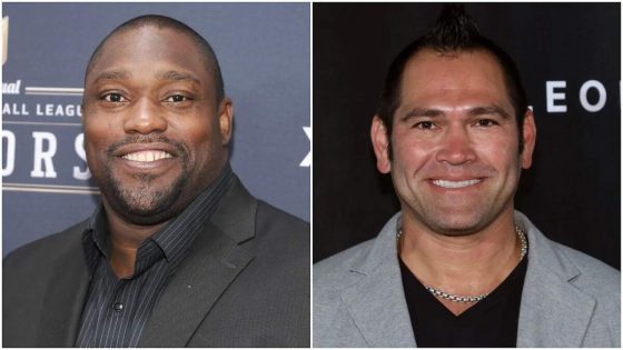 Former NFL star Warren Sapp alongside a photo of Johnny Damon