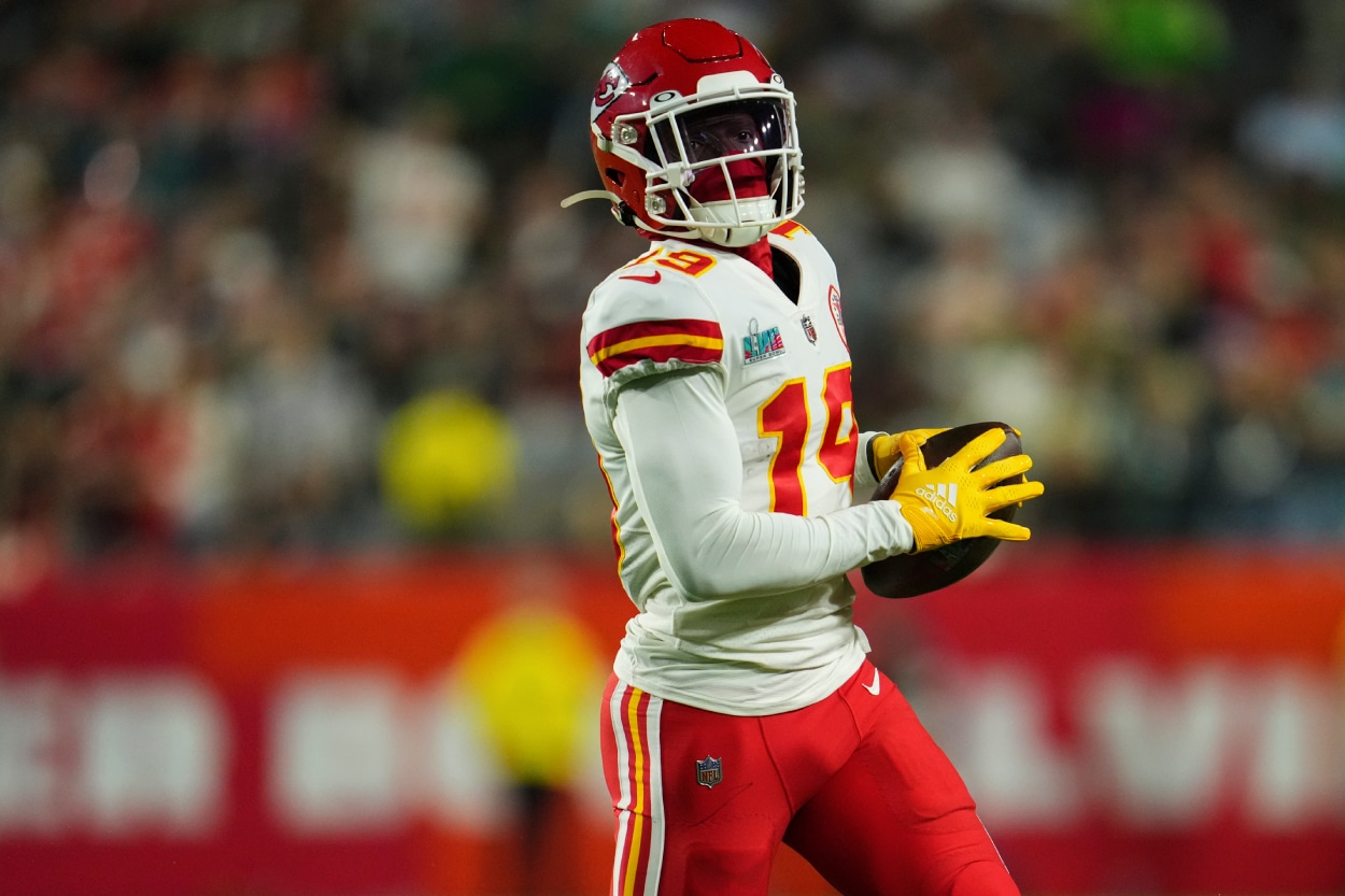 Kadarius Toney of the Kansas City Chiefs runs the ball against the Philadelphia Eagles.