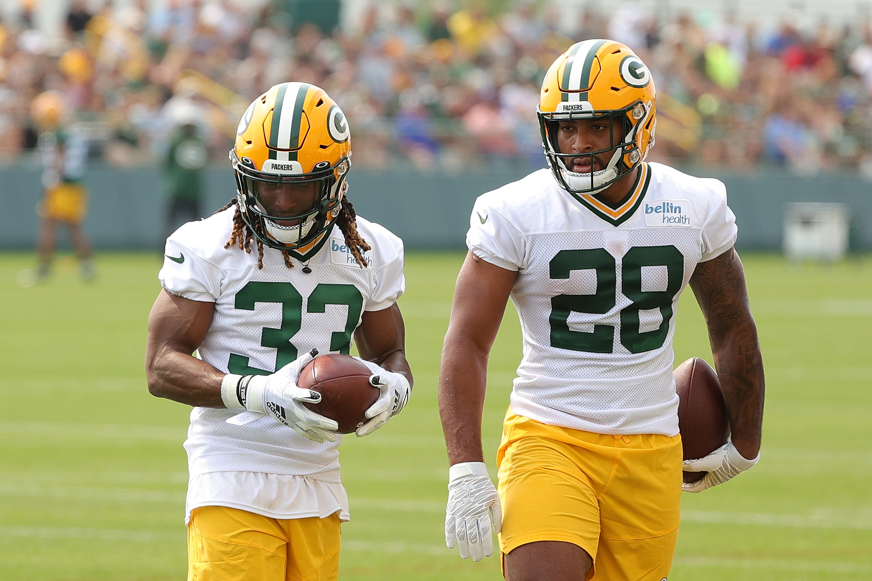 Aaron Jones and A.J. Dillon of the Green Bay Packers work out.
