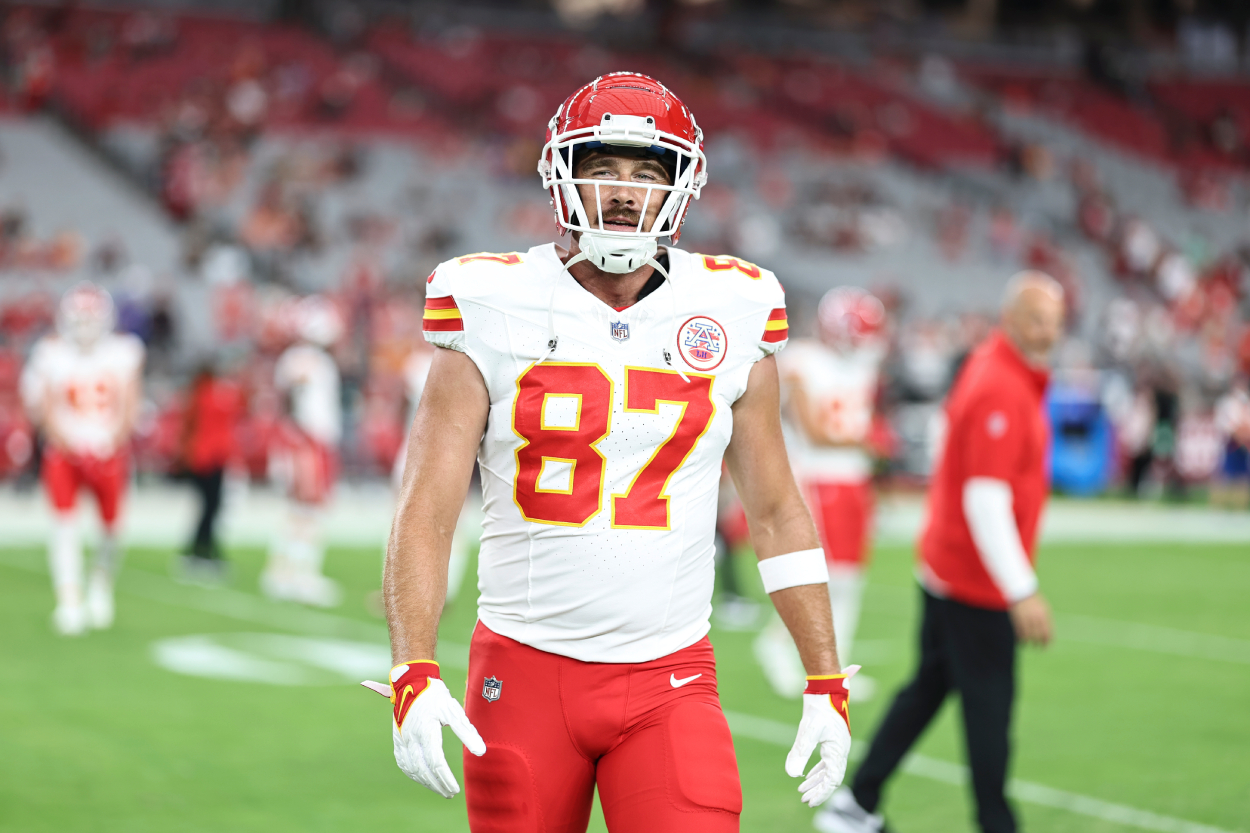 Travis Kelce of the Kansas City Chiefs reacts as he warms up prior to an NFL preseason game against the Arizona Cardinals.