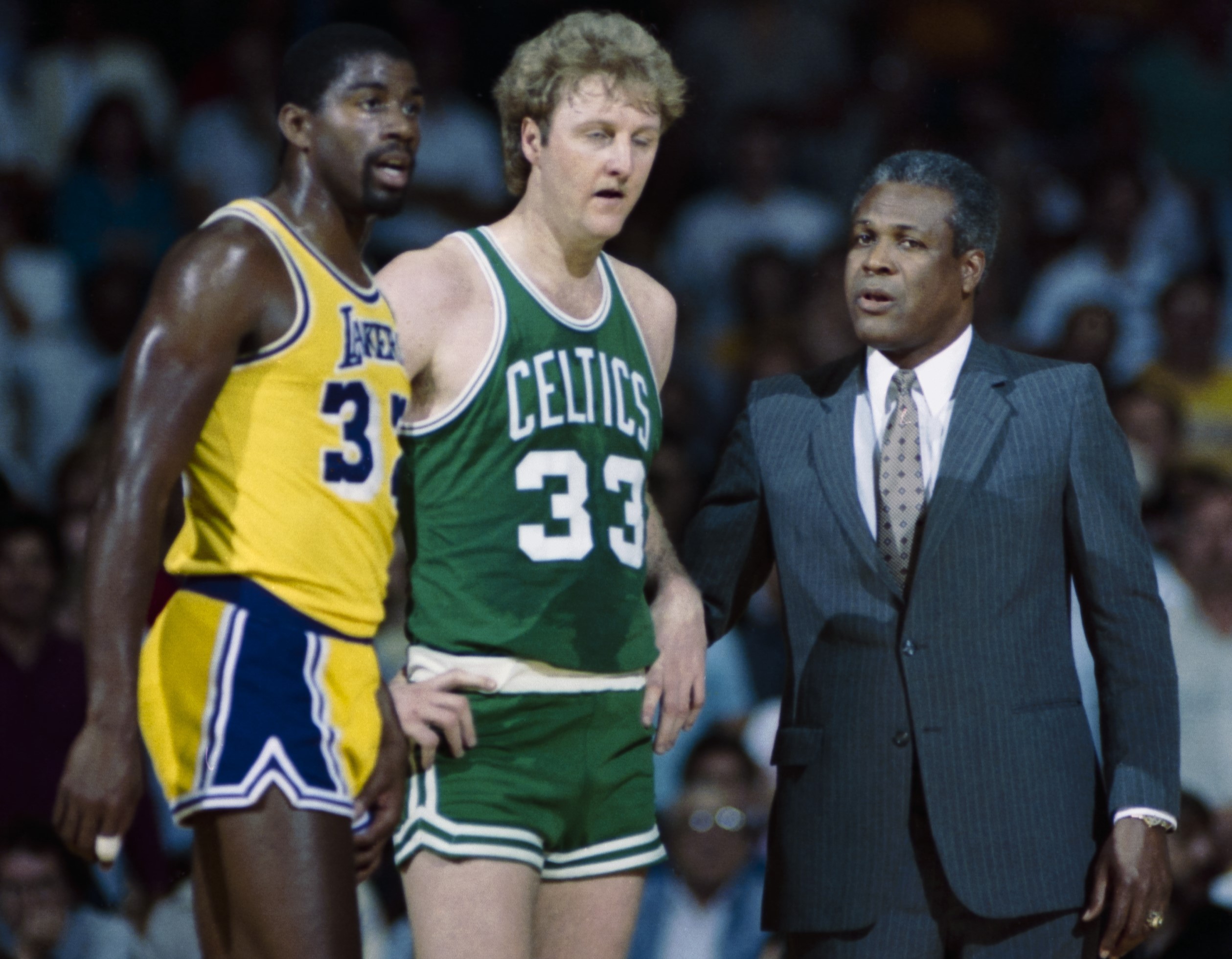 Los Angeles Lakers guard Magic Johnson and Boston Celtics forward Larry Bird during break at the 1985 NBA Finals.