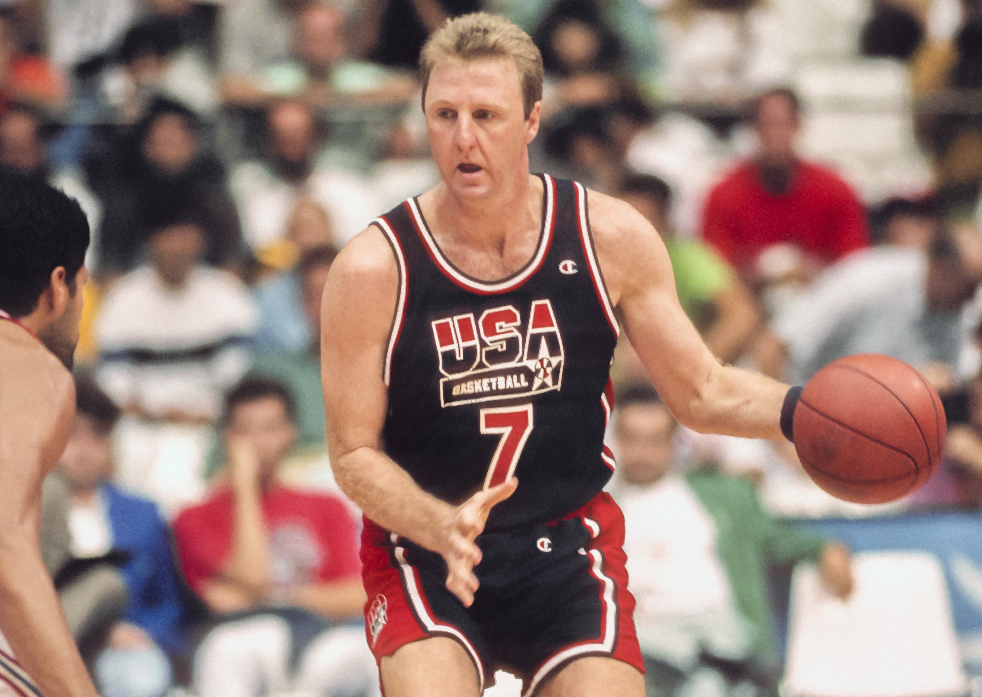 Larry Bird of the United States Olympic basketball team, known as The Dream Team, plays in a quarterfinal game against Puerto Rico.