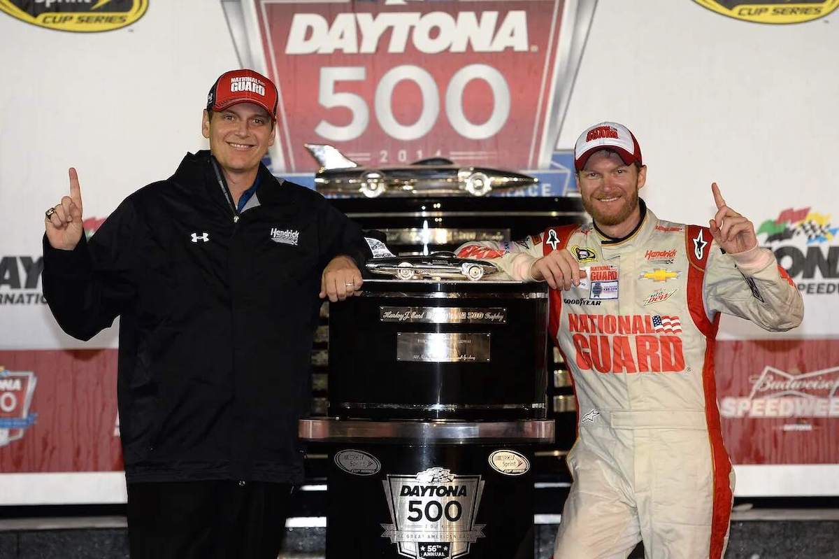 Steve Letarte and Dale Earnhardt Jr. hold up their fingers to indicate being No. 1 at the Daytona 500