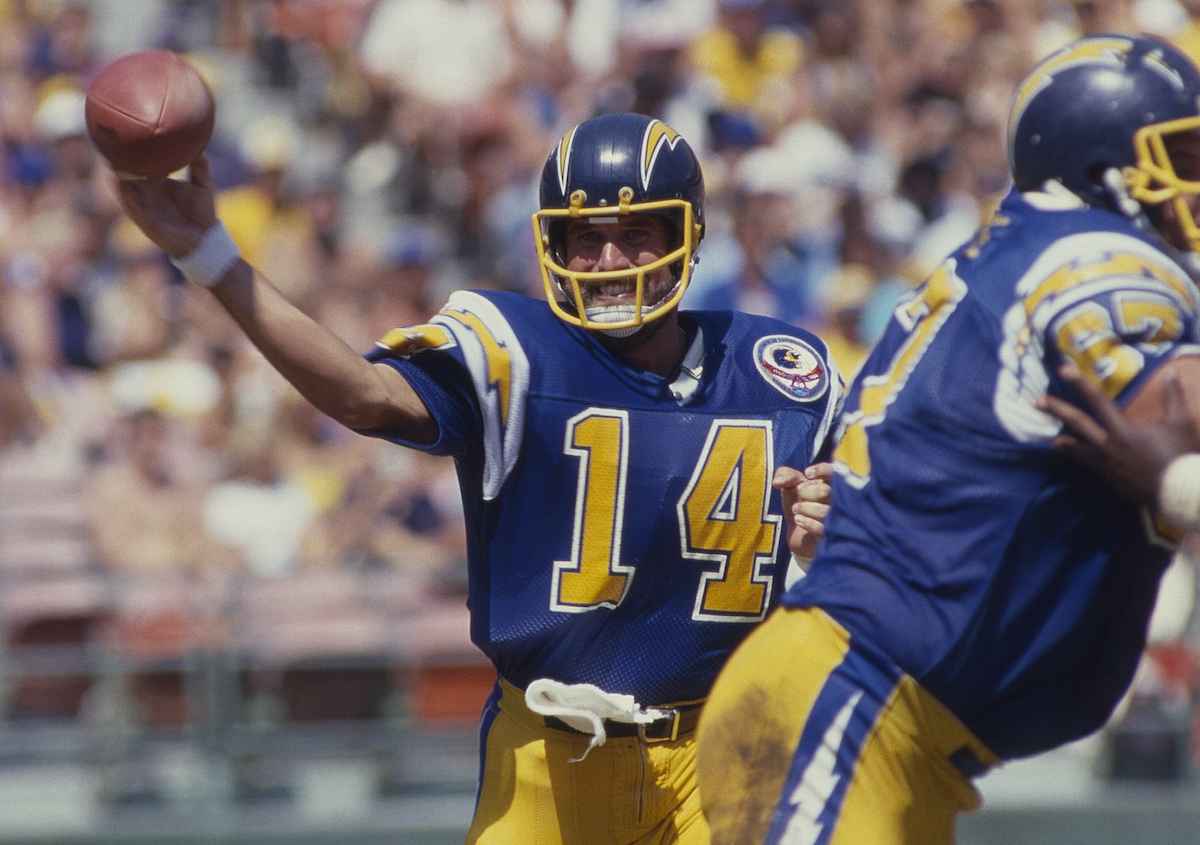 San Diego Chargers quarterback Dan Fouts throws the football.