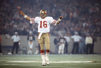 Joe Montana celebrates for the San Francisco 49ers
