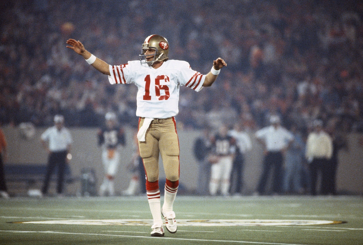 Joe Montana celebrates for the San Francisco 49ers