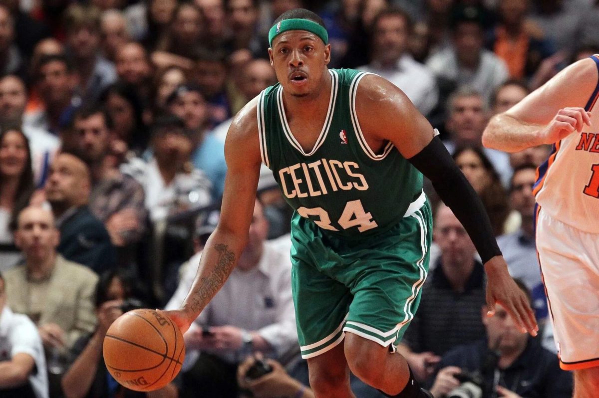Paul Pierce dribbles the ball during his time with the Boston Celtics