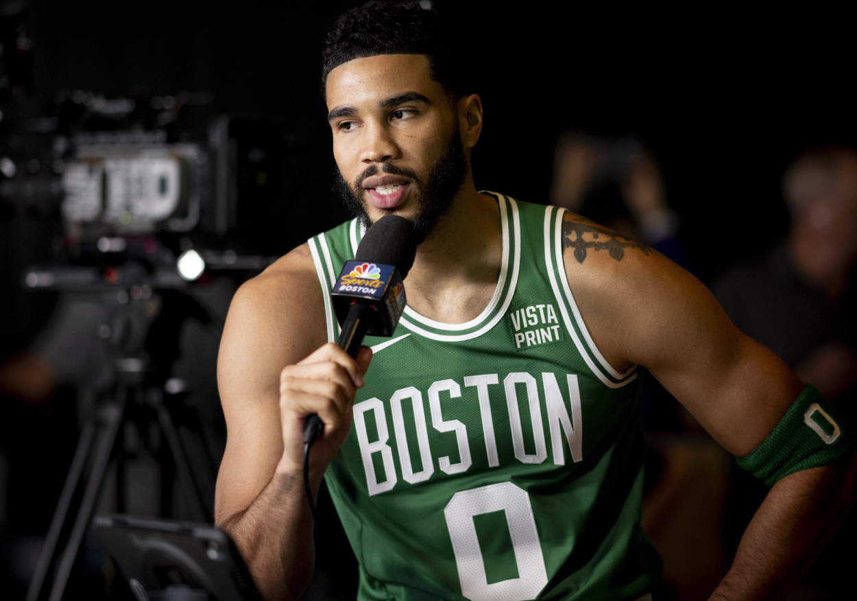 Jayson Tatum of the Boston Celtics gives an interview during Boston Celtics Media Day.