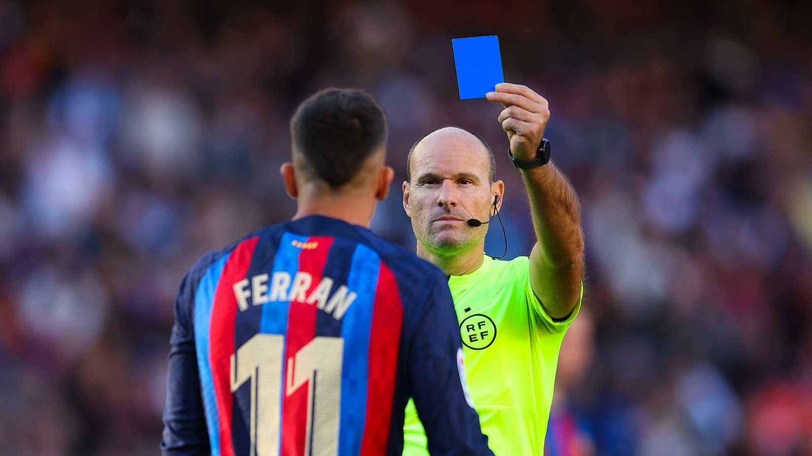 Soccer ref holding blue card