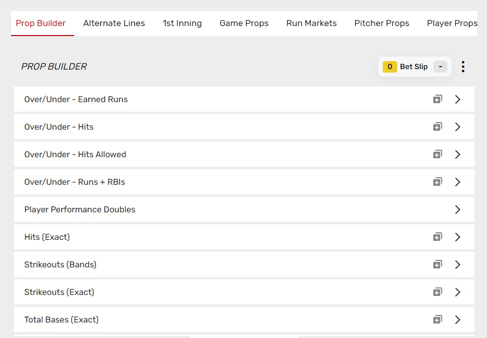 An example of baseball prop betting markets from Bovada sportsbook.