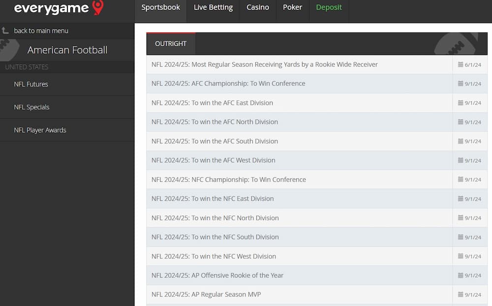 NFL betting sites Everygame online NFL sportsbook