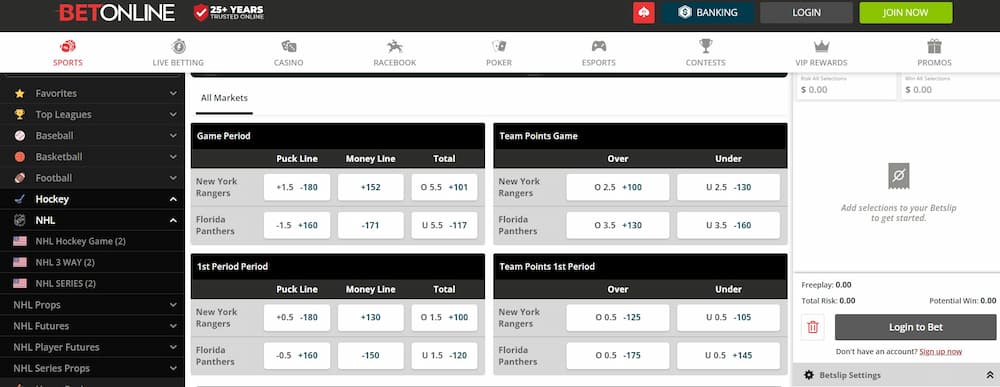 an example of ice hockey betting markets within the NHL tournament