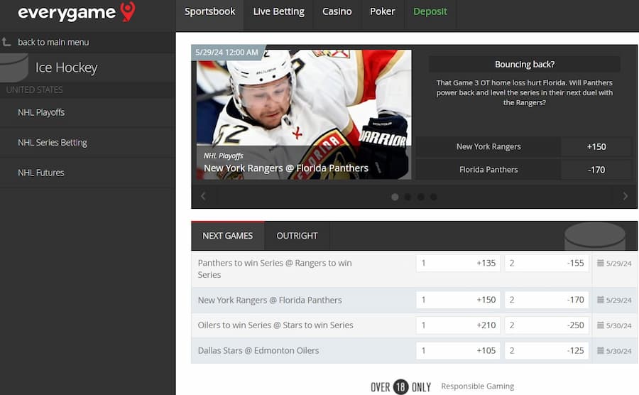 Different NHL betting options available at Everygame sportsbook.