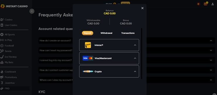 Instant Casino banking options