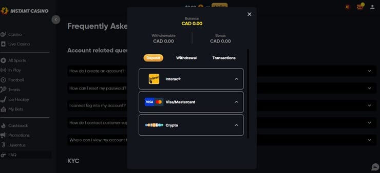 Instant Casino deposit methods