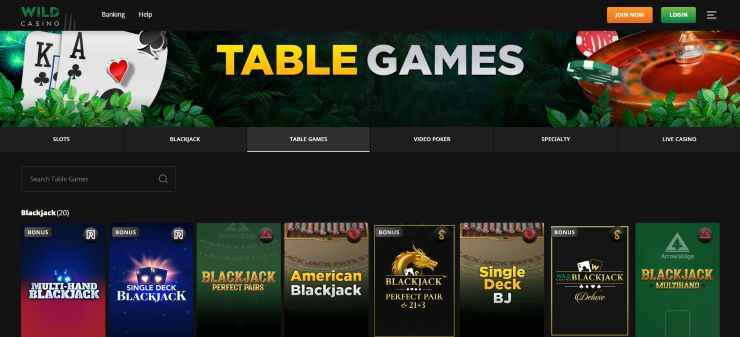 Wild Casino table games section