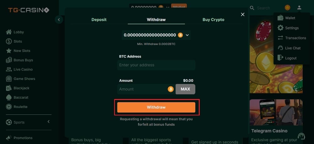 step 4 - click on withdraw at TG Casino