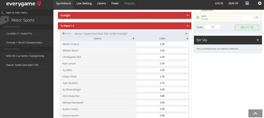 A screenshot of Everygame's NASCAR betting markets