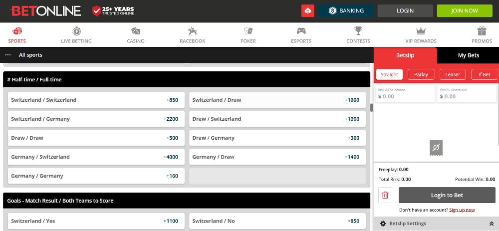 Euro 2024 betting markets - ht/ft example from BetOnline sportsbook