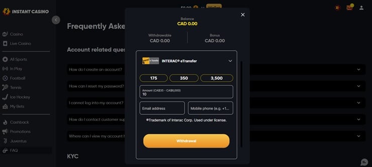 instant casino payout options