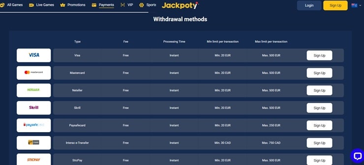 Jackpoty cash out options section