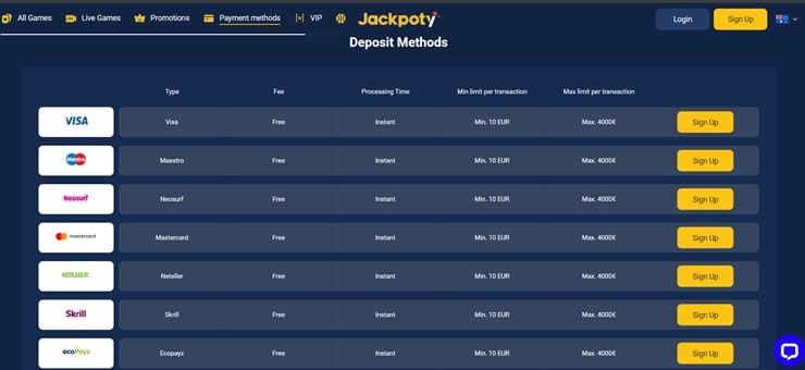 Jackpoty deposit methods