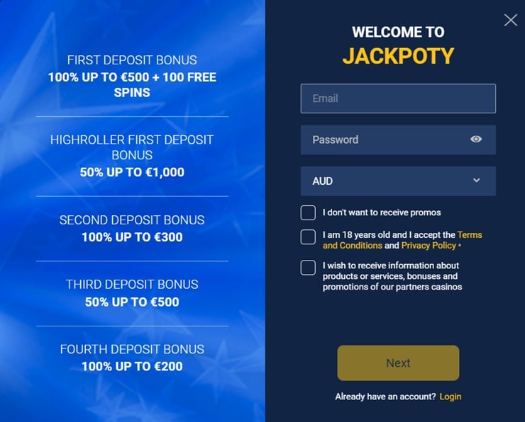 Jackpoty sign up form