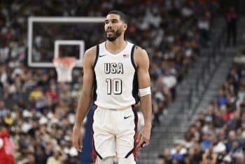 USA forward Jayson Tatum (10) looks on in the third quarter.