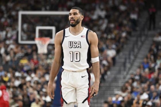 USA forward Jayson Tatum (10) looks on in the third quarter.