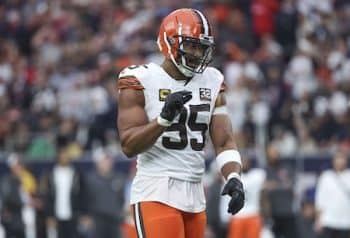 Myles Garrett stands on the field.