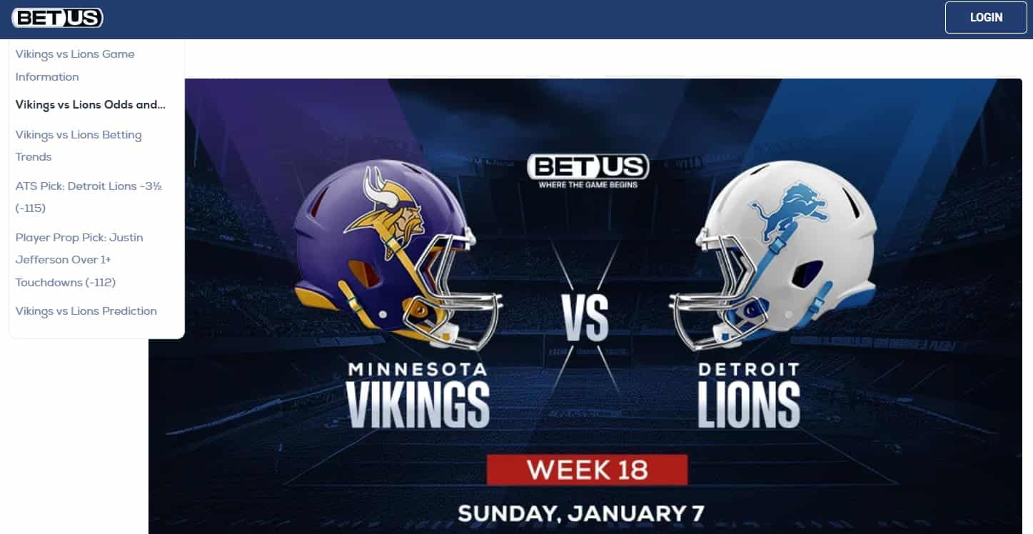 screenshot of BetUS promo banner for Minnesota Vikings vs Detroit Lions