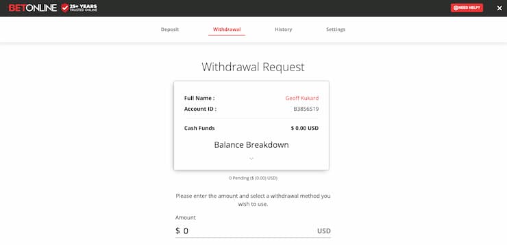 BetOnline cashout confirmation form