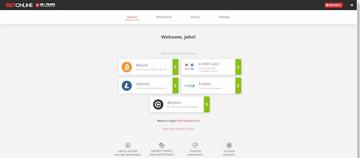 BetOnline Deposit options