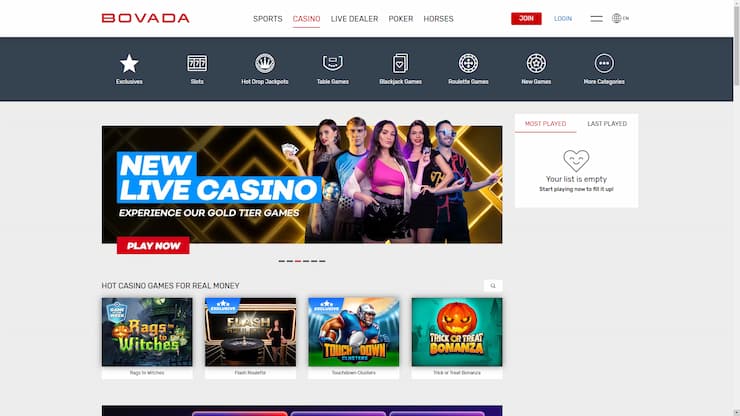 The homepage of Bovada Casino