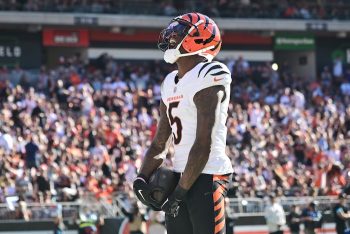 Cincinnati Bengals wide receiver Tee Higgins celebrates after scoring a touchdown.