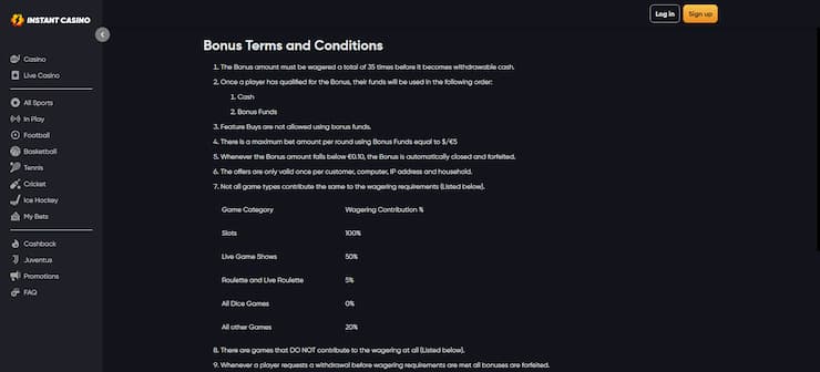 Instant Casino Bonus Terms