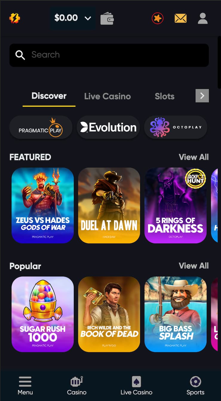 The mobile homepage of Instant Casino