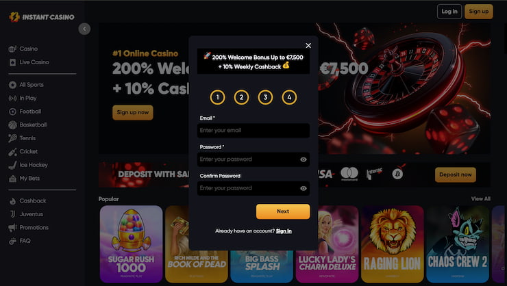 The signup form of Instant Casino
