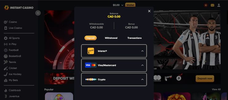 Placing a deposit at Instant Casino