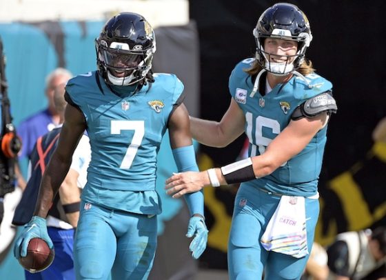 Oct 27, 2024; Jacksonville, Florida, USA; Jacksonville Jaguars quarterback Trevor Lawrence celebrates a touchdown with wide receiver Brian Thomas Jr.