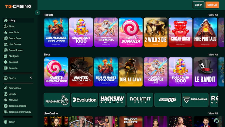 The homepage of TG.Casino
